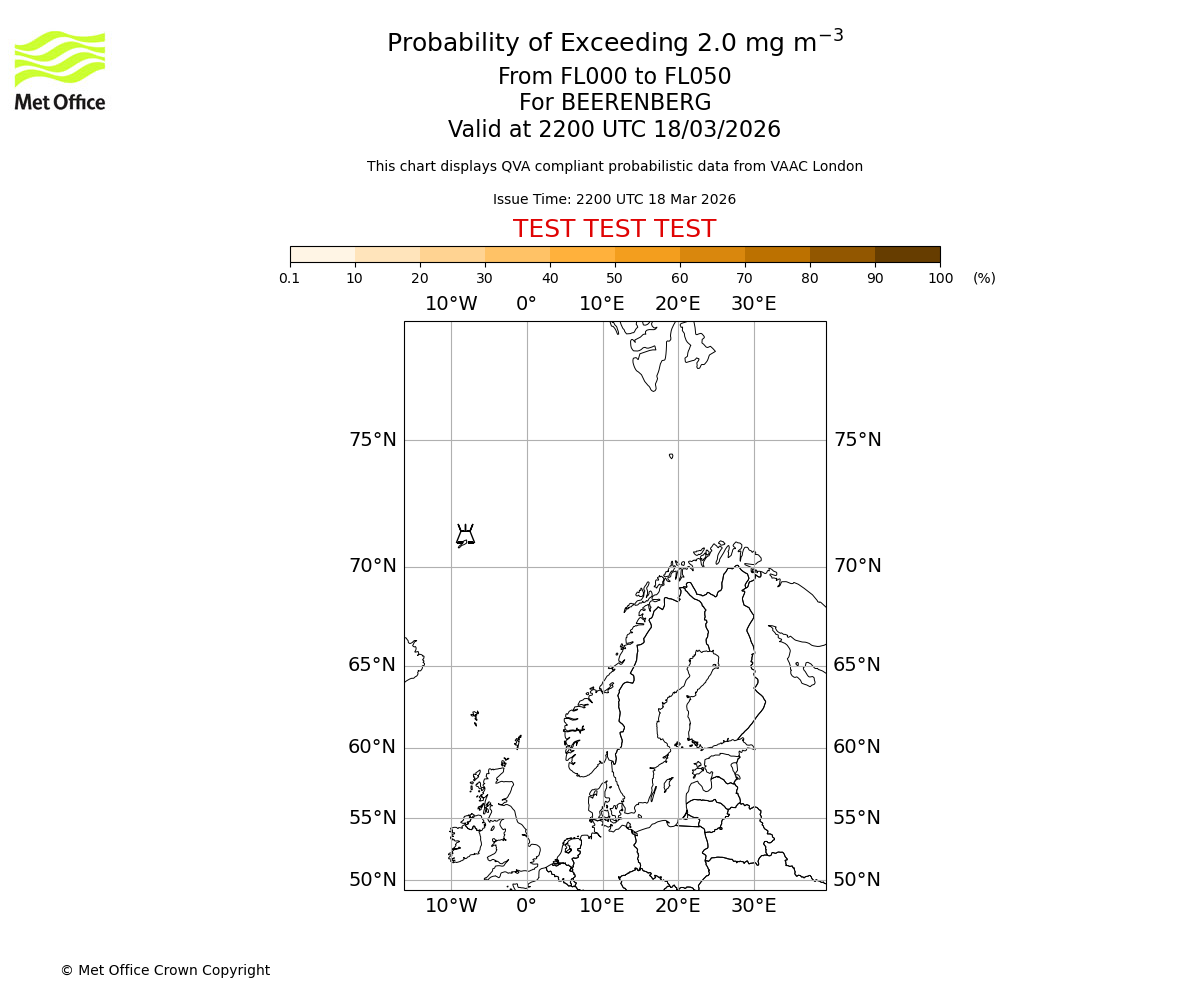 Probability of exceeding 2.0 milligrams per metre cubed. From 000 to 050 for BEERENBERG. Valid at 2200 UTC 18/03/2026