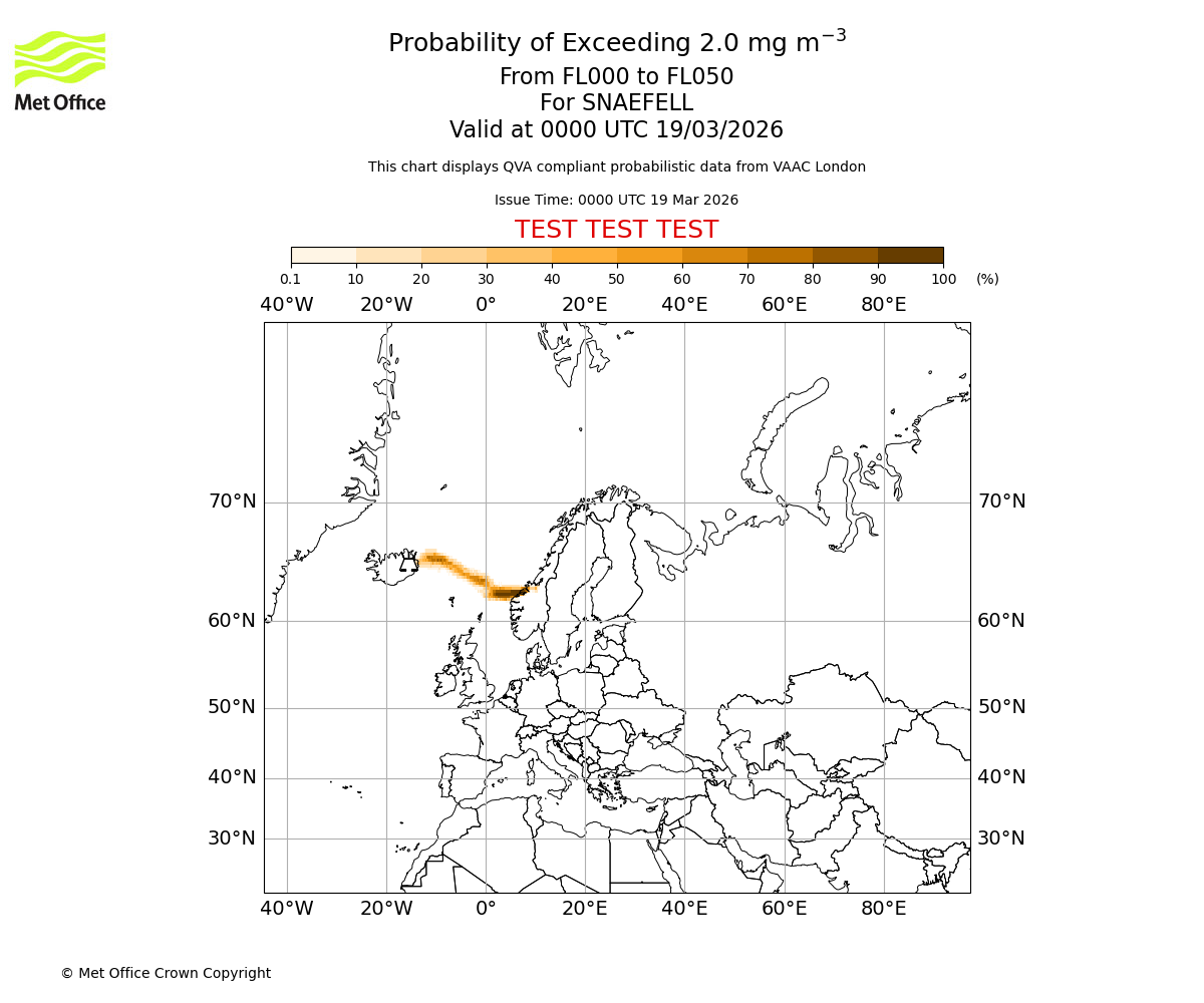 Probability of exceeding 2.0 milligrams per metre cubed. From 000 to 050 for SNAEFELL. Valid at 0000 UTC 19/03/2026