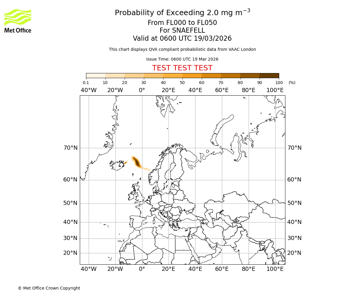 Probability of exceeding 2.0 milligrams per metre cubed. From 000 to 050 for SNAEFELL. Valid at 0600 UTC 19/03/2026