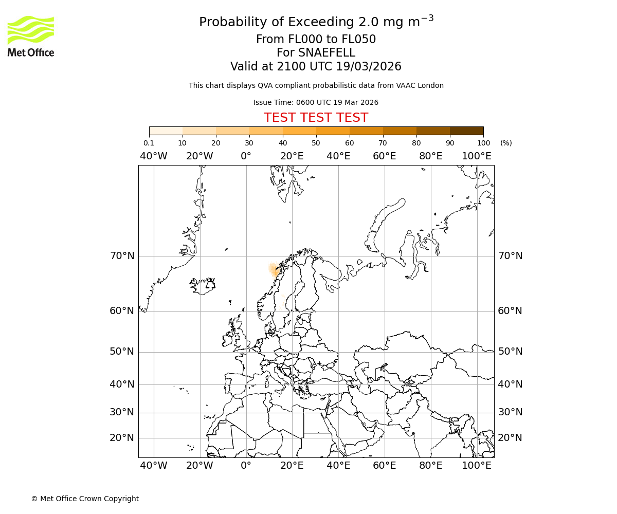 Probability of exceeding 2.0 milligrams per metre cubed. From 000 to 050 for SNAEFELL. Valid at 2100 UTC 19/03/2026