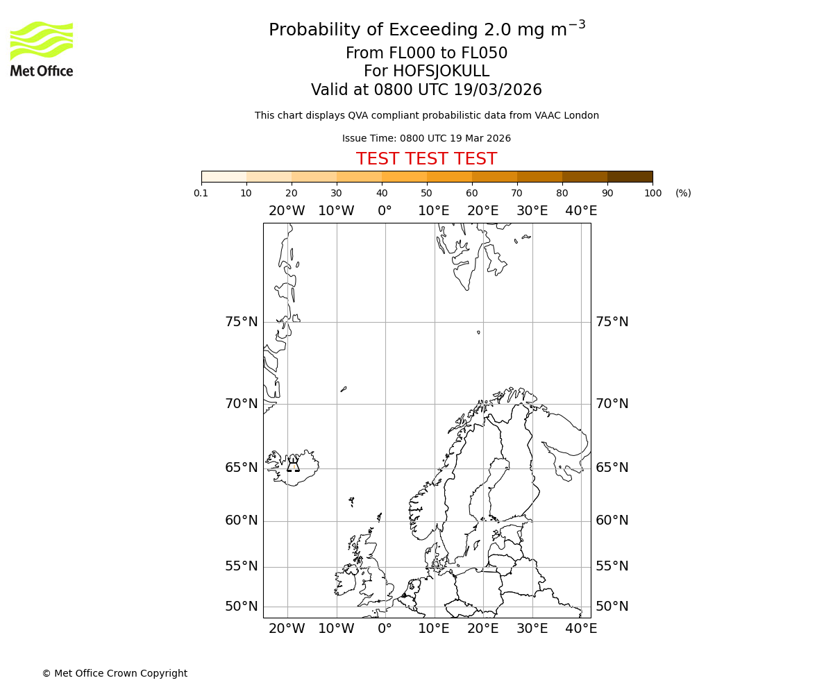 Probability of exceeding 2.0 milligrams per metre cubed. From 000 to 050 for HOFSJOKULL. Valid at 0800 UTC 19/03/2026