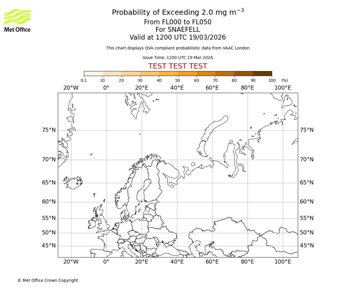 Probability of exceeding 2.0 milligrams per metre cubed. From 000 to 050 for SNAEFELL. Valid at 1200 UTC 19/03/2026