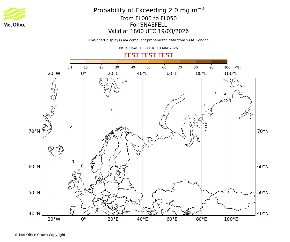 Probability of exceeding 2.0 milligrams per metre cubed. From 000 to 050 for SNAEFELL. Valid at 1800 UTC 19/03/2026