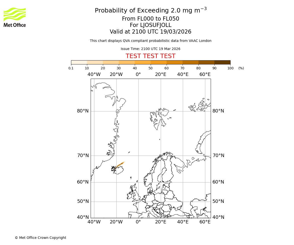 Probability of exceeding 2.0 milligrams per metre cubed. From 000 to 050 for LJOSUFJOLL. Valid at 2100 UTC 19/03/2026