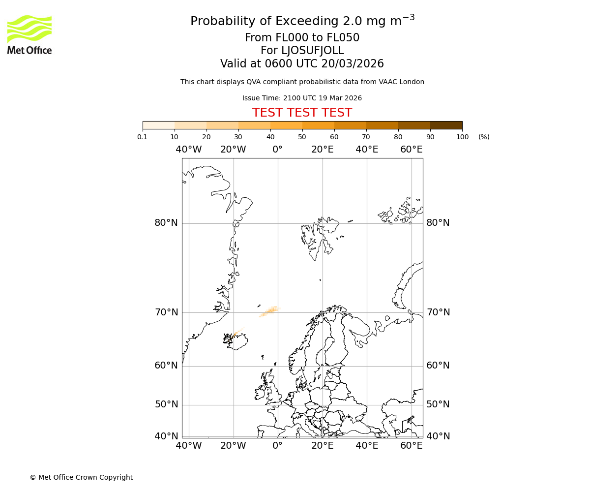 Probability of exceeding 2.0 milligrams per metre cubed. From 000 to 050 for LJOSUFJOLL. Valid at 0600 UTC 20/03/2026