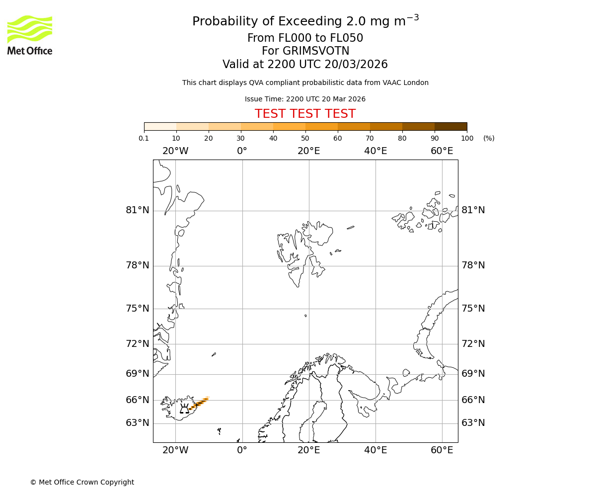 Probability of exceeding 2.0 milligrams per metre cubed. From 000 to 050 for GRIMSVOTN. Valid at 2200 UTC 20/03/2026