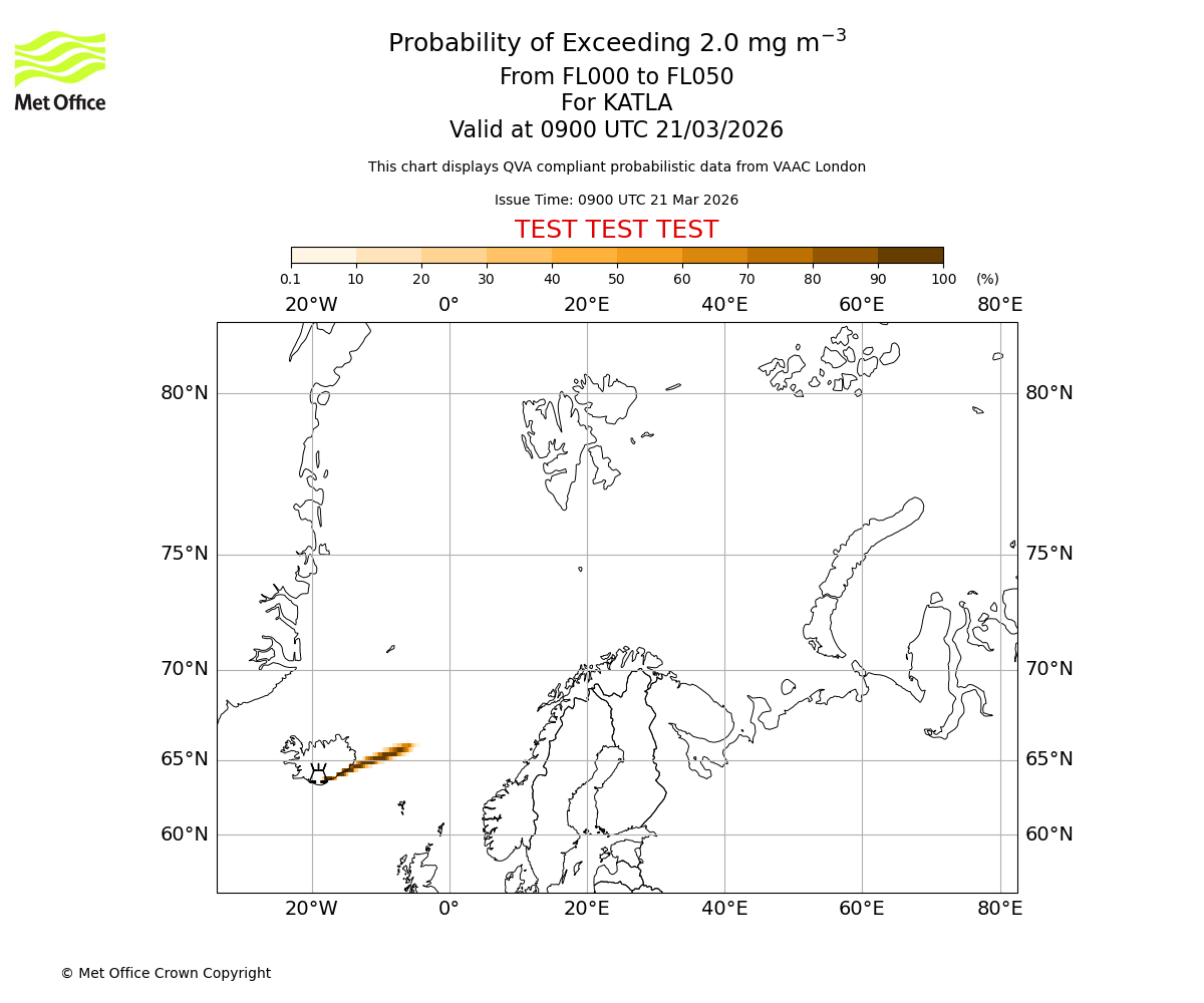 Probability of exceeding 2.0 milligrams per metre cubed. From 000 to 050 for KATLA. Valid at 0900 UTC 21/03/2026