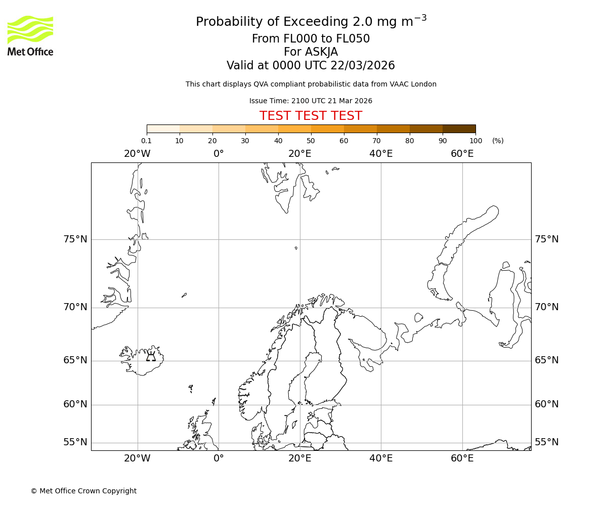 Probability of exceeding 2.0 milligrams per metre cubed. From 000 to 050 for ASKJA. Valid at 0000 UTC 22/03/2026