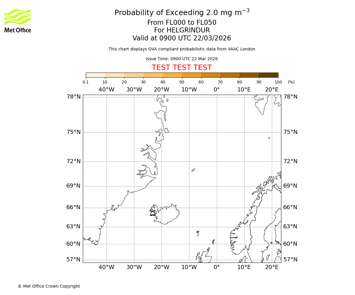 Probability of exceeding 2.0 milligrams per metre cubed. From 000 to 050 for HELGRINDUR. Valid at 0900 UTC 22/03/2026