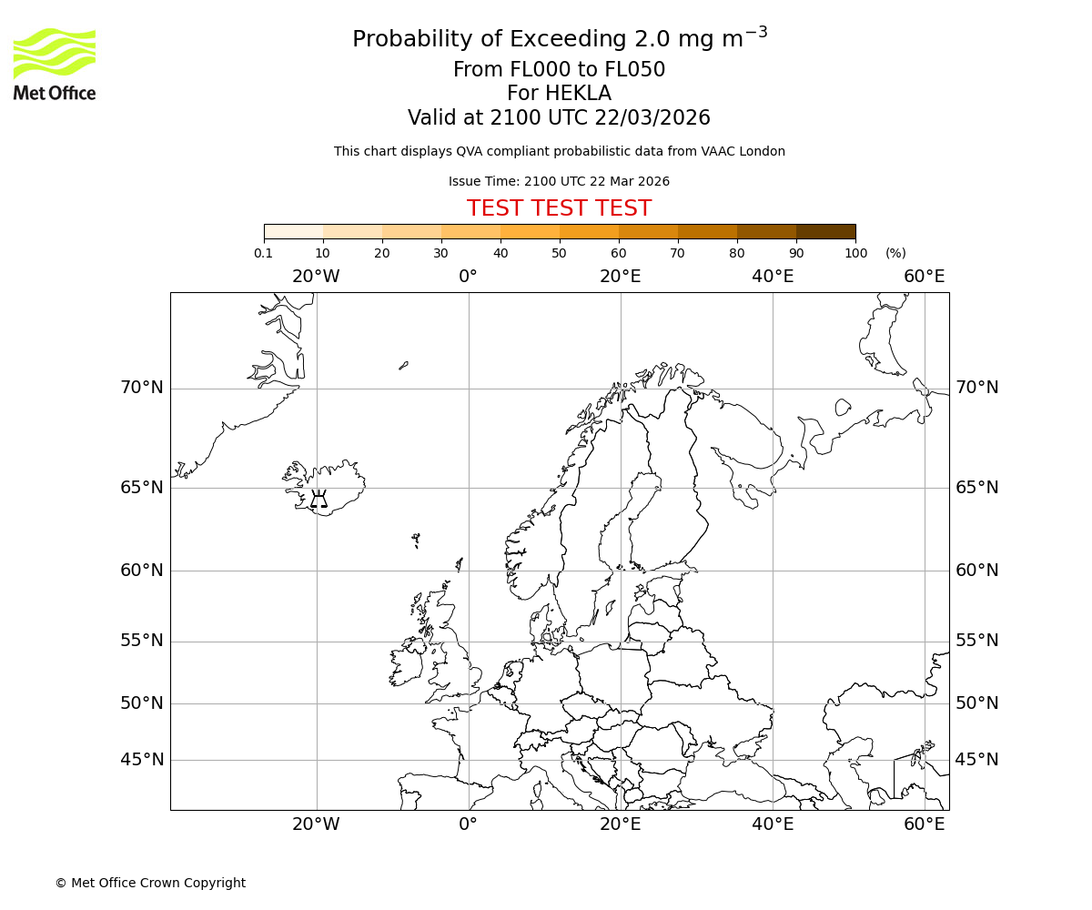 Probability of exceeding 2.0 milligrams per metre cubed. From 000 to 050 for HEKLA. Valid at 2100 UTC 22/03/2026