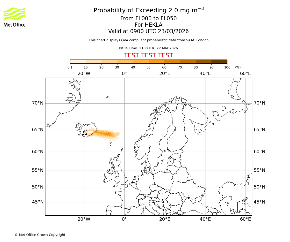 Probability of exceeding 2.0 milligrams per metre cubed. From 000 to 050 for HEKLA. Valid at 0900 UTC 23/03/2026