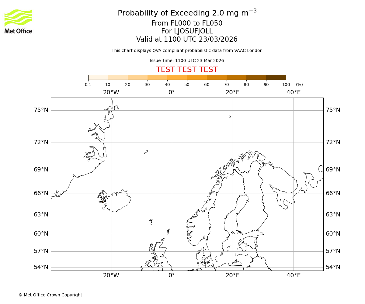 Probability of exceeding 2.0 milligrams per metre cubed. From 000 to 050 for LJOSUFJOLL. Valid at 1100 UTC 23/03/2026