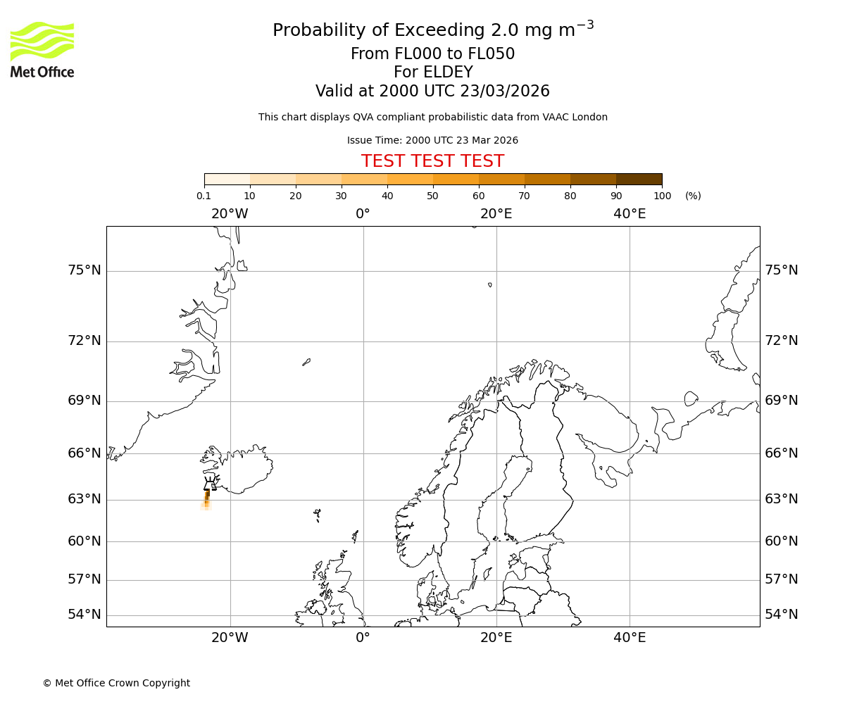 Probability of exceeding 2.0 milligrams per metre cubed. From 000 to 050 for ELDEY. Valid at 2000 UTC 23/03/2026