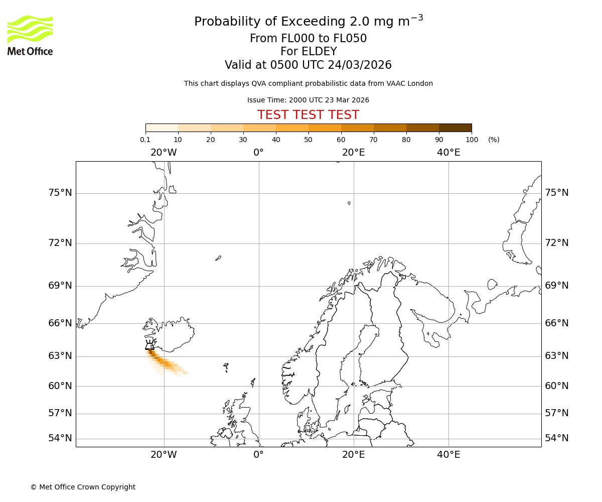 Probability of exceeding 2.0 milligrams per metre cubed. From 000 to 050 for ELDEY. Valid at 0500 UTC 24/03/2026