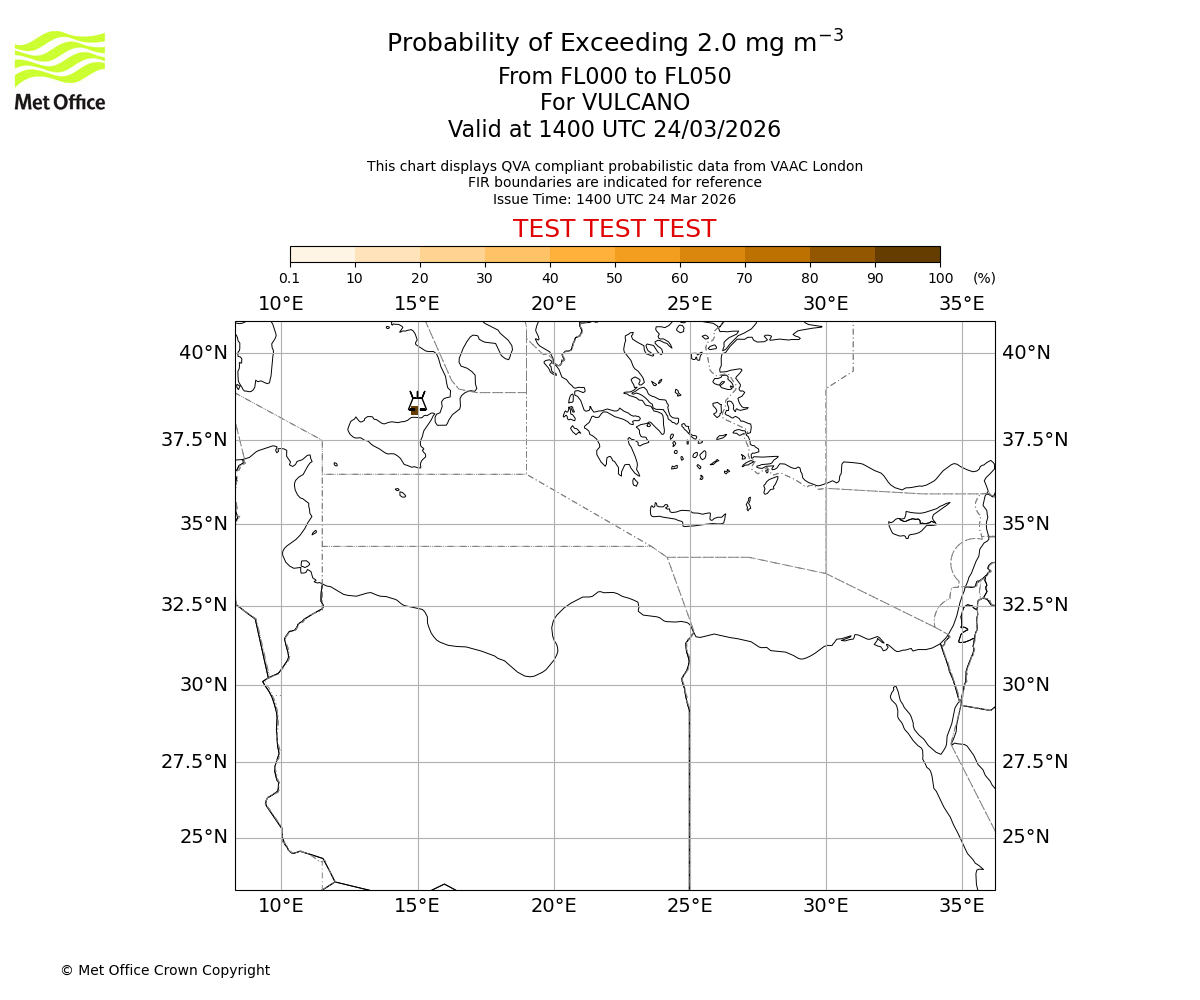 Probability of exceeding 2.0 milligrams per metre cubed. From 000 to 050 for VULCANO. Valid at 1400 UTC 24/03/2026
