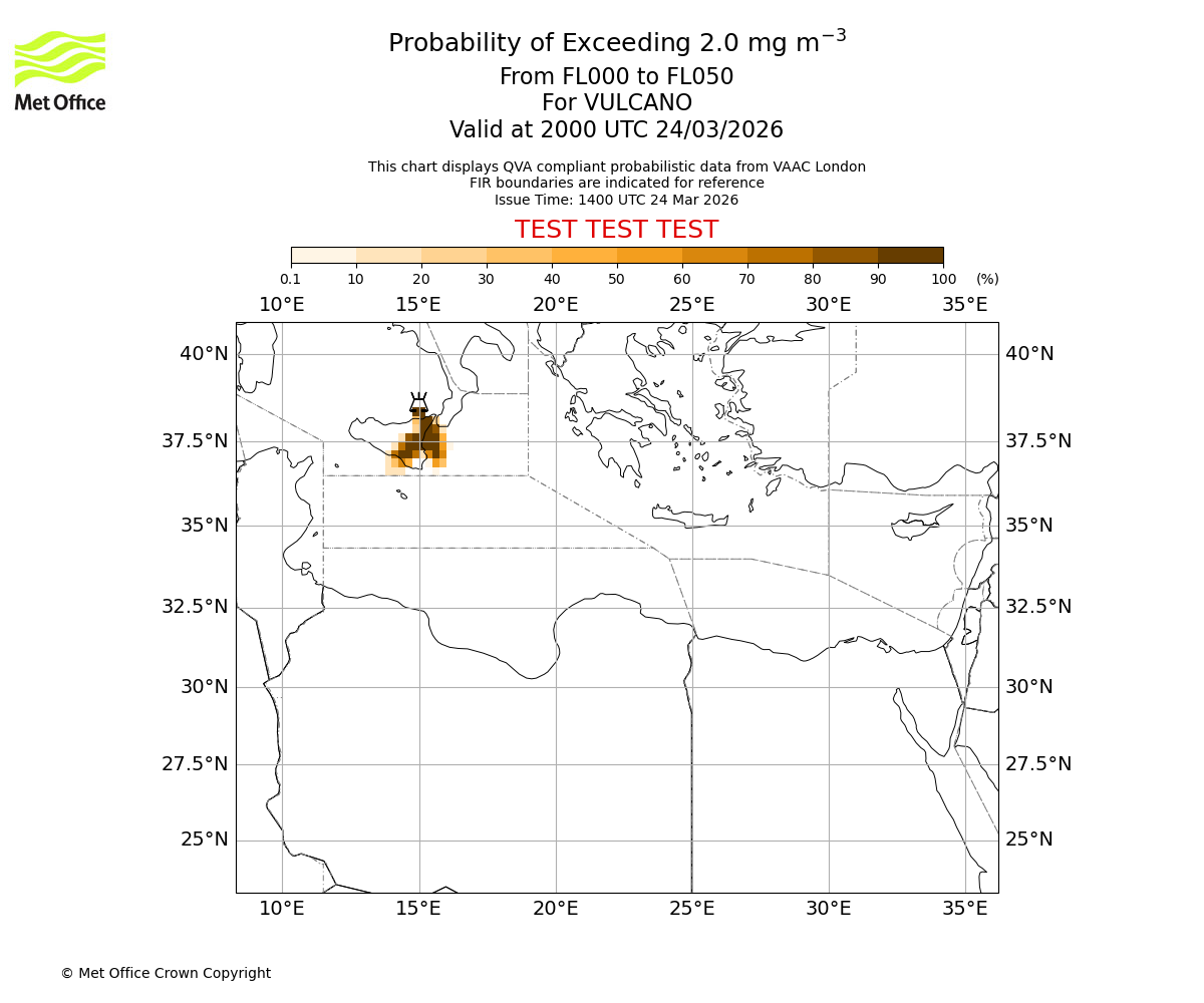 Probability of exceeding 2.0 milligrams per metre cubed. From 000 to 050 for VULCANO. Valid at 2000 UTC 24/03/2026