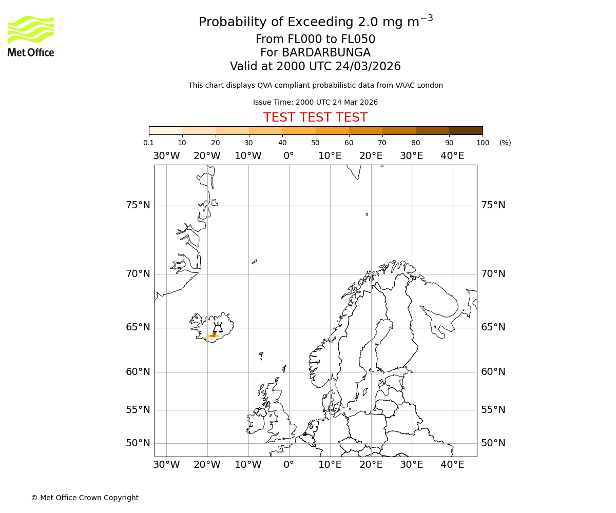 Probability of exceeding 2.0 milligrams per metre cubed. From 000 to 050 for BARDARBUNGA. Valid at 2000 UTC 24/03/2026