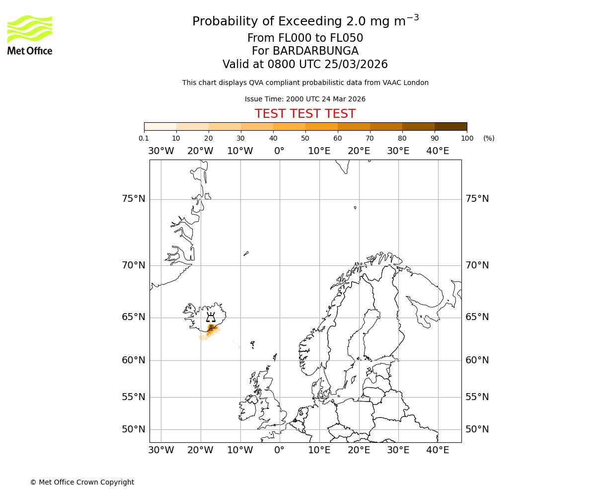 Probability of exceeding 2.0 milligrams per metre cubed. From 000 to 050 for BARDARBUNGA. Valid at 0800 UTC 25/03/2026