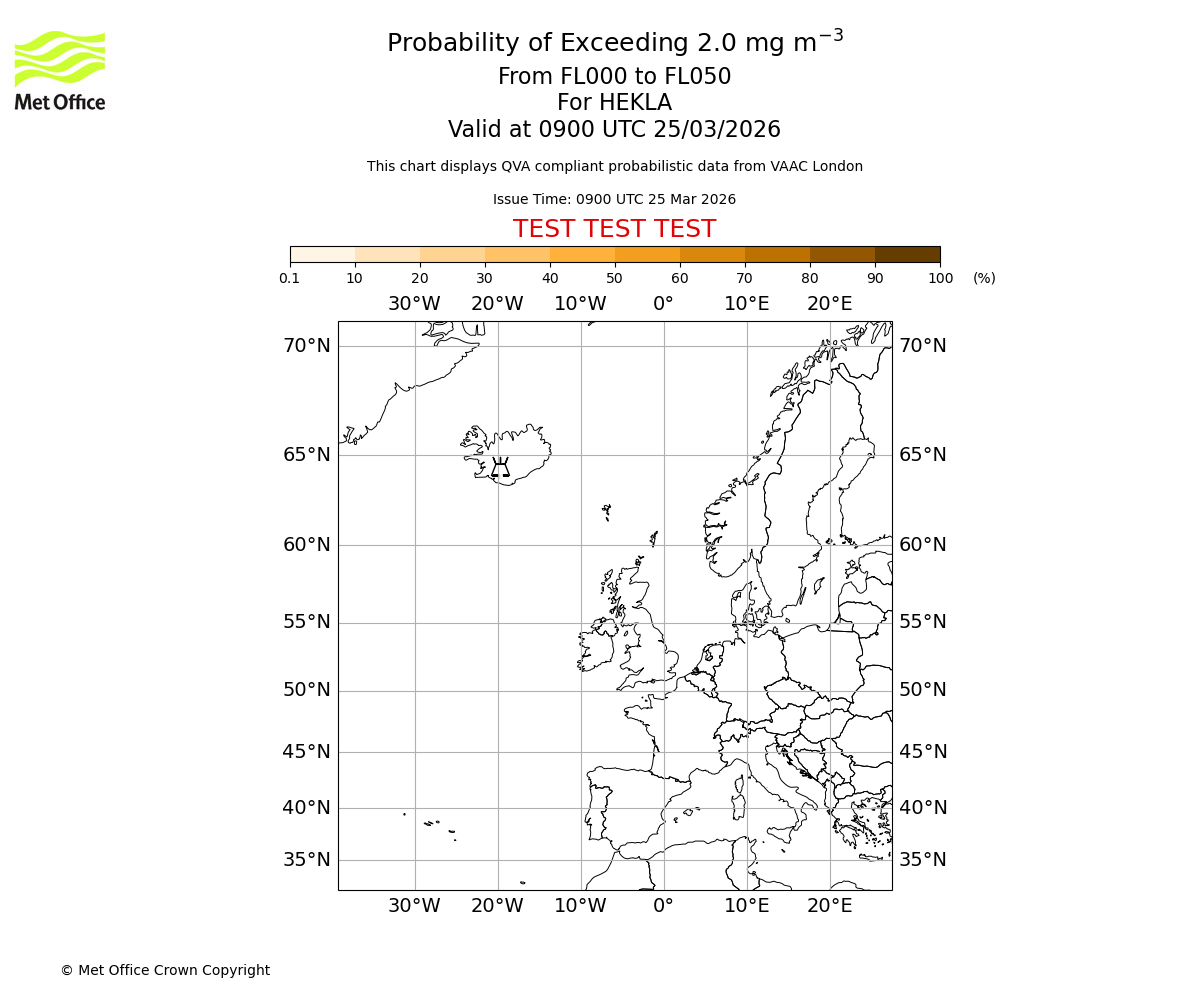 Probability of exceeding 2.0 milligrams per metre cubed. From 000 to 050 for HEKLA. Valid at 0900 UTC 25/03/2026