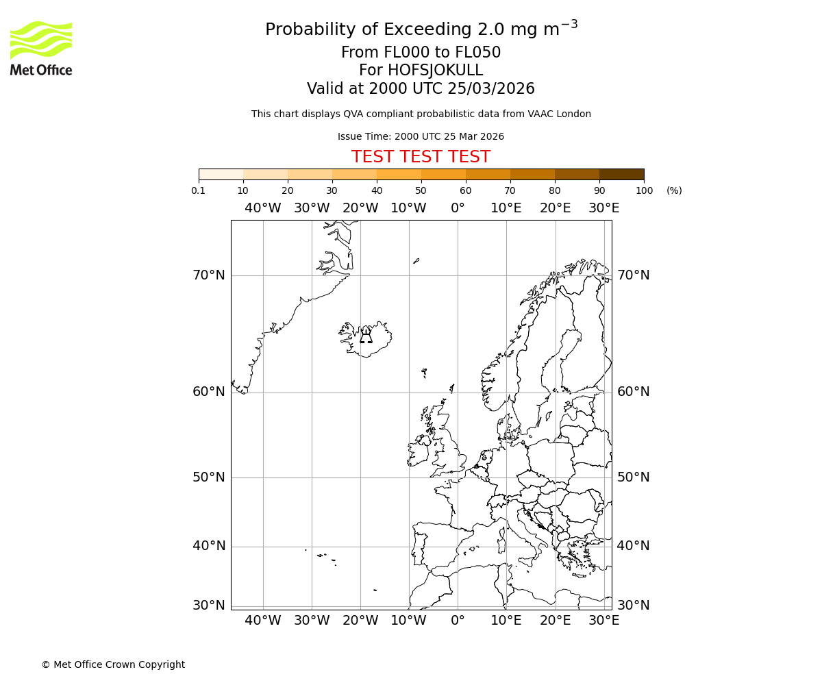 Probability of exceeding 2.0 milligrams per metre cubed. From 000 to 050 for HOFSJOKULL. Valid at 2000 UTC 25/03/2026