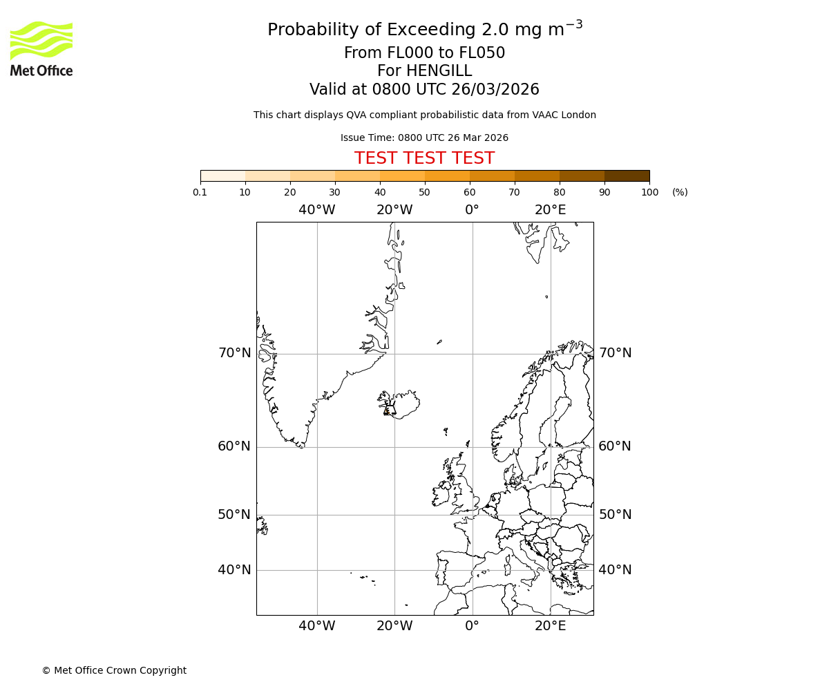 Probability of exceeding 2.0 milligrams per metre cubed. From 000 to 050 for HENGILL. Valid at 0800 UTC 26/03/2026