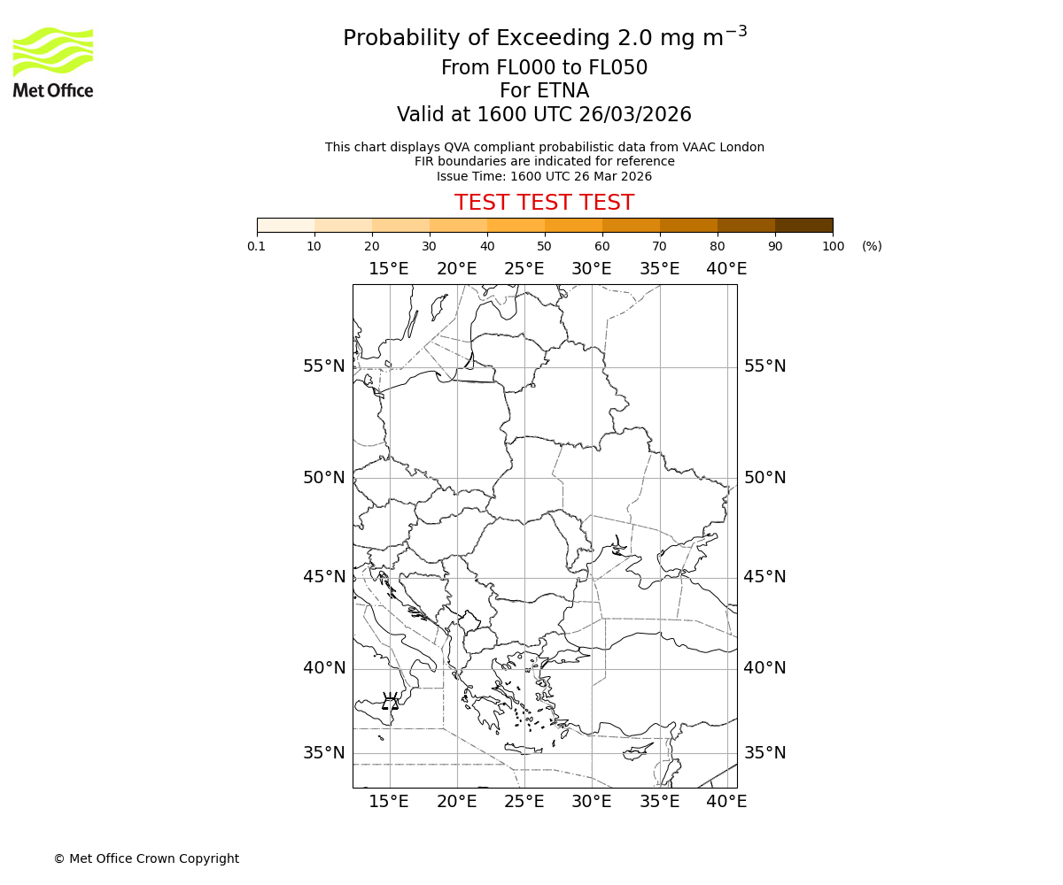 Probability of exceeding 2.0 milligrams per metre cubed. From 000 to 050 for ETNA. Valid at 1600 UTC 26/03/2026