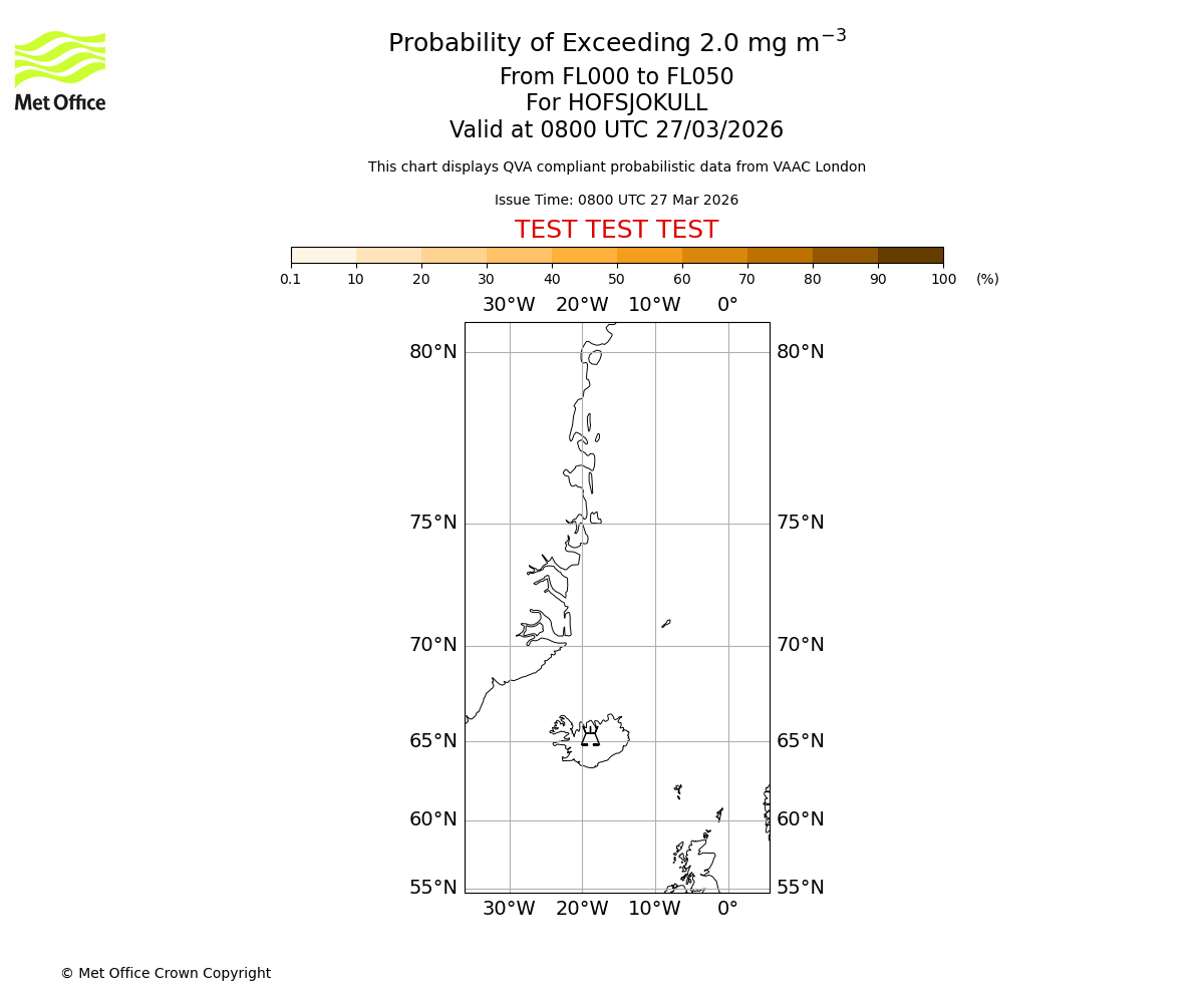 Probability of exceeding 2.0 milligrams per metre cubed. From 000 to 050 for HOFSJOKULL. Valid at 0800 UTC 27/03/2026