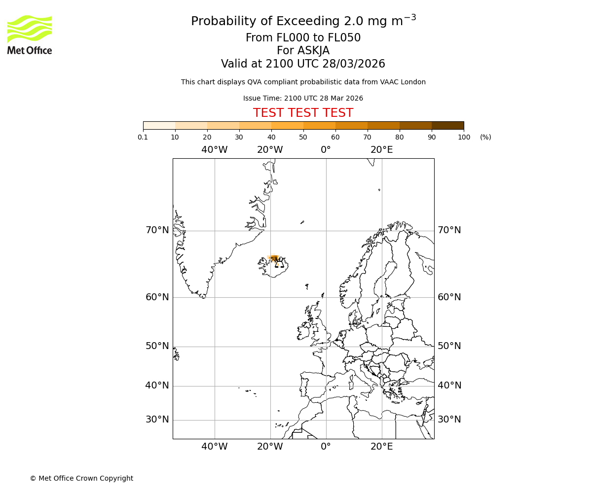 Probability of exceeding 2.0 milligrams per metre cubed. From 000 to 050 for ASKJA. Valid at 2100 UTC 28/03/2026