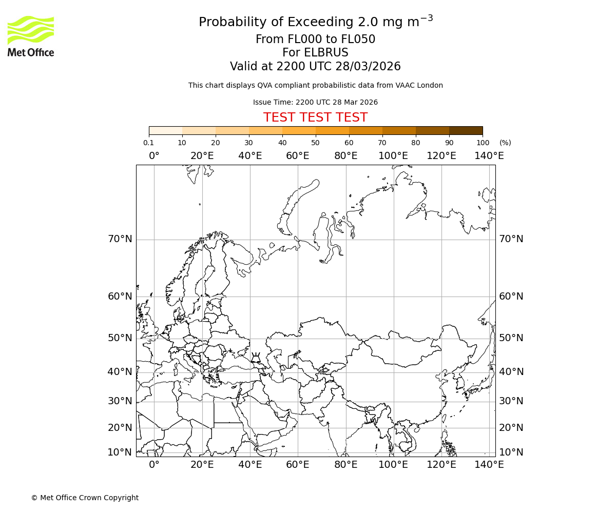 Probability of exceeding 2.0 milligrams per metre cubed. From 000 to 050 for ELBRUS. Valid at 2200 UTC 28/03/2026