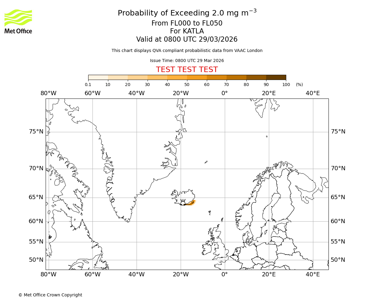Probability of exceeding 2.0 milligrams per metre cubed. From 000 to 050 for KATLA. Valid at 0800 UTC 29/03/2026