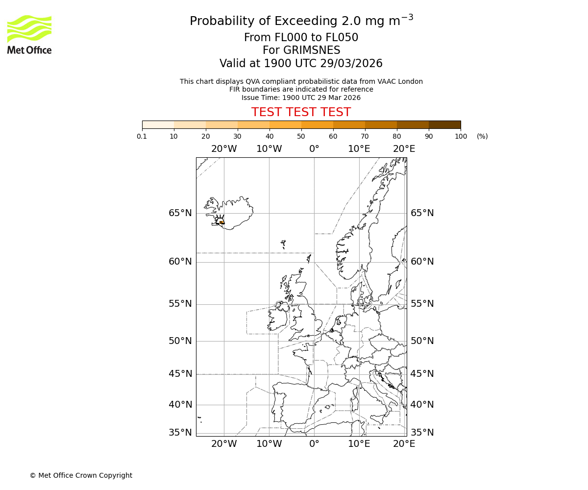 Probability of exceeding 2.0 milligrams per metre cubed. From 000 to 050 for GRIMSNES. Valid at 1900 UTC 29/03/2026