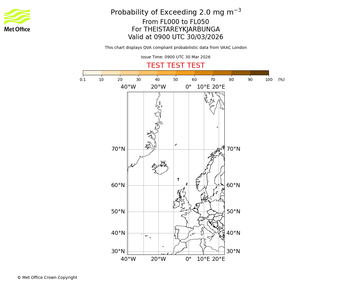Probability of exceeding 2.0 milligrams per metre cubed. From 000 to 050 for THEISTAREYKJARBUNGA. Valid at 0900 UTC 30/03/2026