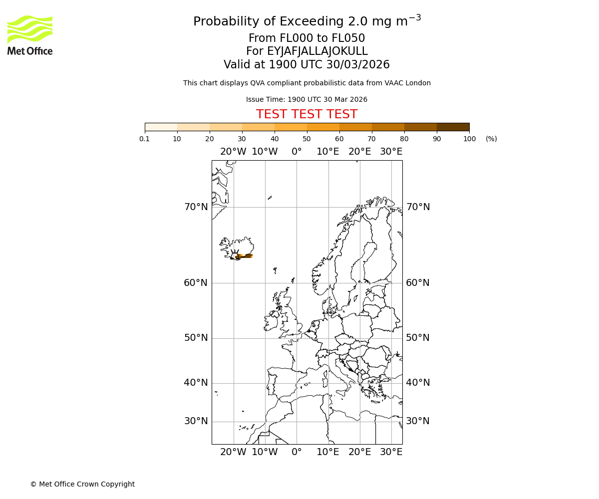 Probability of exceeding 2.0 milligrams per metre cubed. From 000 to 050 for EYJAFJALLAJOKULL. Valid at 1900 UTC 30/03/2026