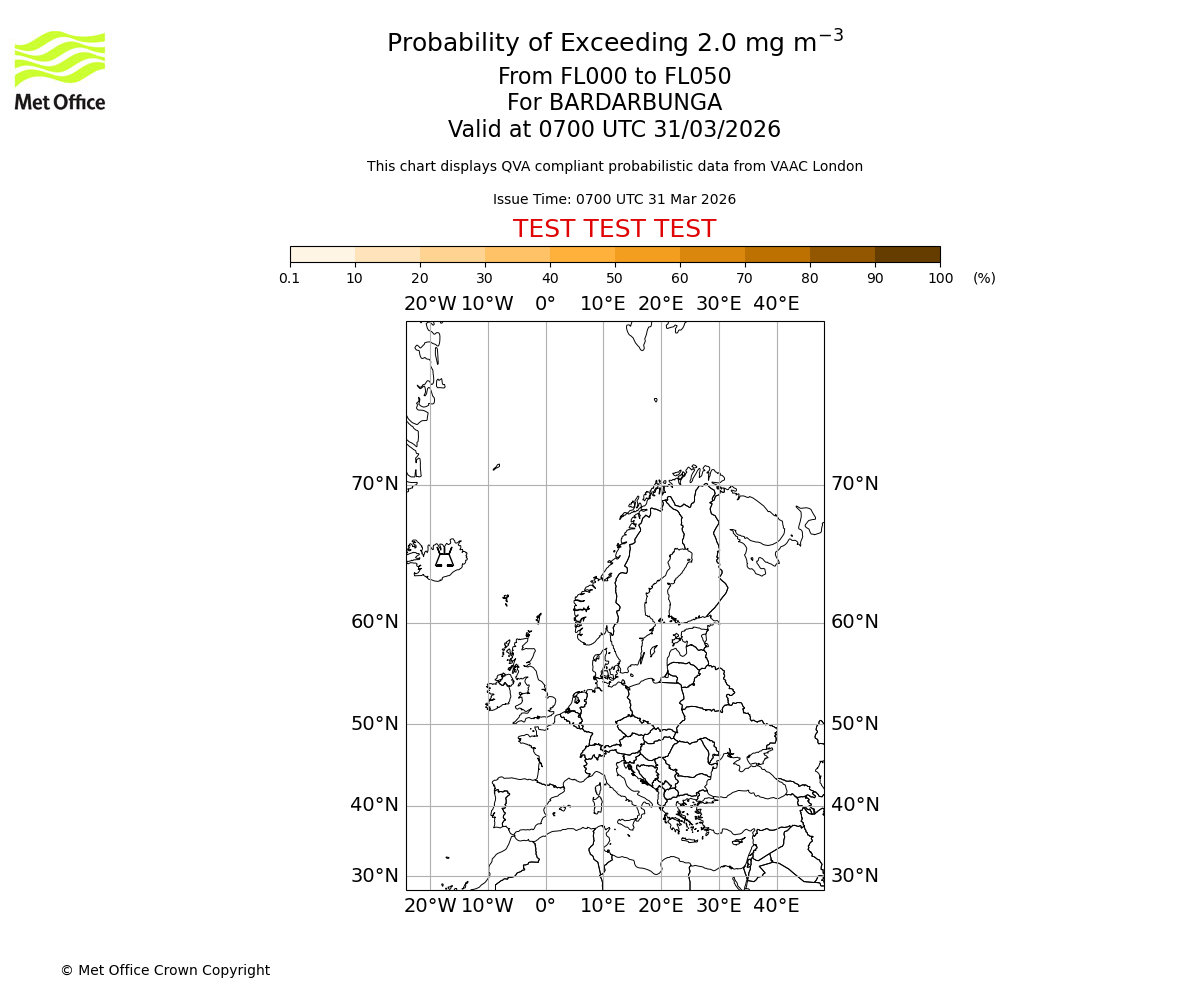 Probability of exceeding 2.0 milligrams per metre cubed. From 000 to 050 for BARDARBUNGA. Valid at 0700 UTC 31/03/2026