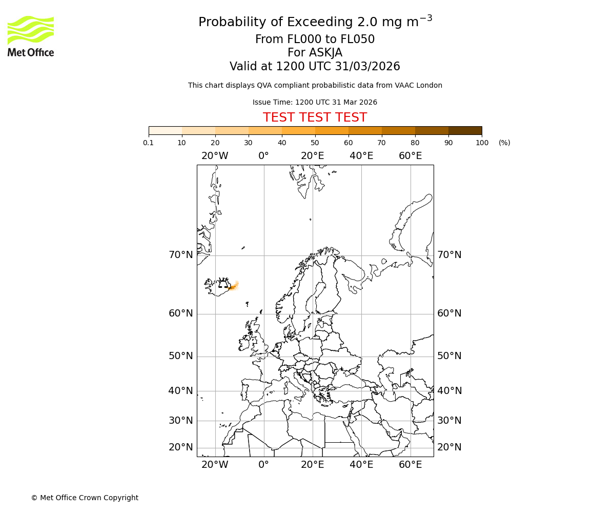 Probability of exceeding 2.0 milligrams per metre cubed. From 000 to 050 for ASKJA. Valid at 1200 UTC 31/03/2026
