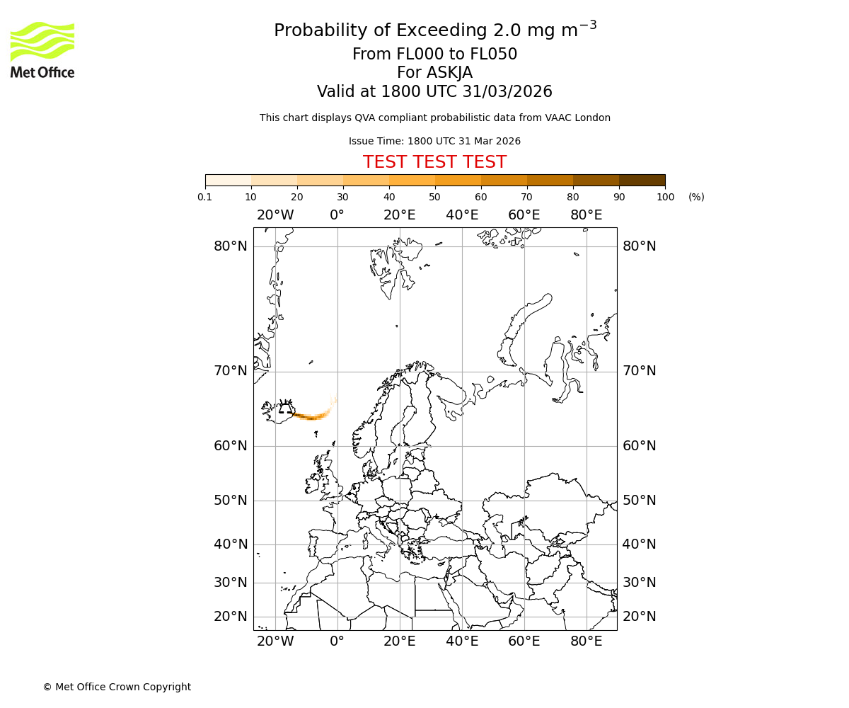 Probability of exceeding 2.0 milligrams per metre cubed. From 000 to 050 for ASKJA. Valid at 1800 UTC 31/03/2026