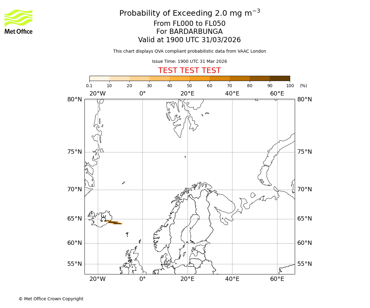 Probability of exceeding 2.0 milligrams per metre cubed. From 000 to 050 for BARDARBUNGA. Valid at 1900 UTC 31/03/2026