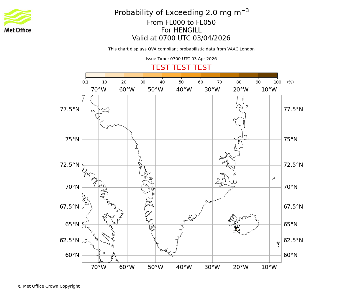 Probability of exceeding 2.0 milligrams per metre cubed. From 000 to 050 for HENGILL. Valid at 0700 UTC 03/04/2026