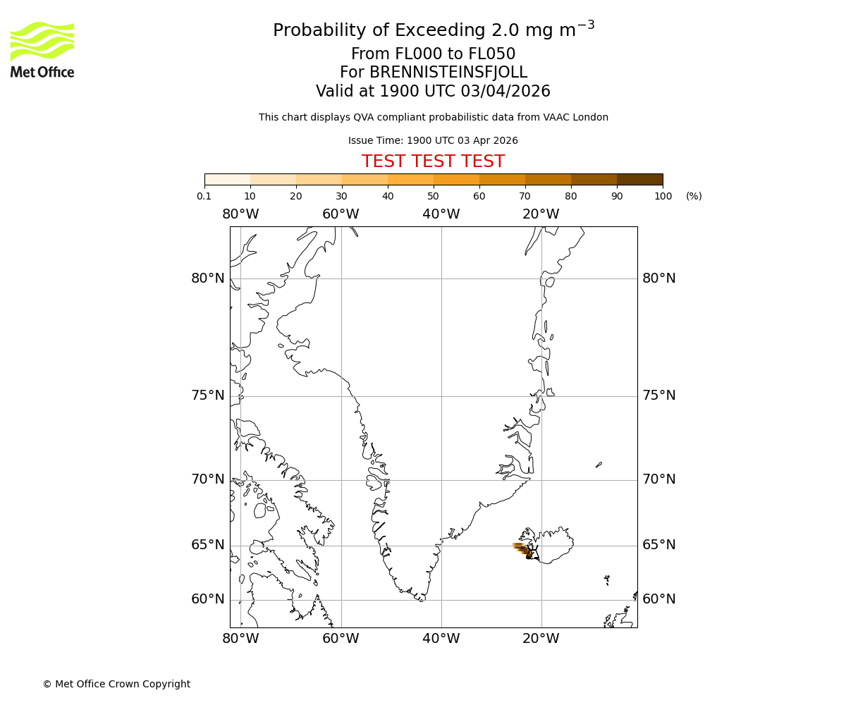 Probability of exceeding 2.0 milligrams per metre cubed. From 000 to 050 for BRENNISTEINSFJOLL. Valid at 1900 UTC 03/04/2026