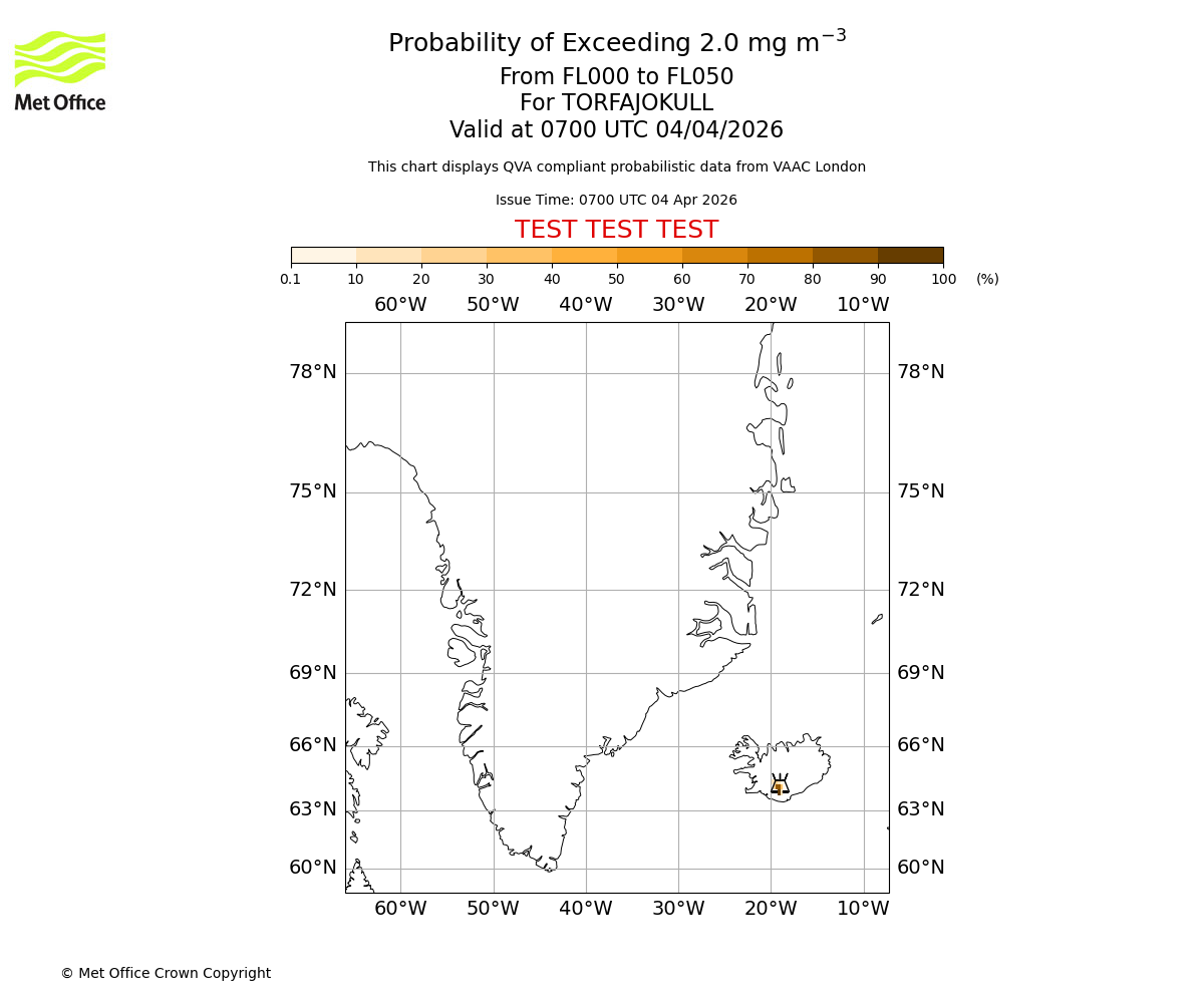Probability of exceeding 2.0 milligrams per metre cubed. From 000 to 050 for TORFAJOKULL. Valid at 0700 UTC 04/04/2026