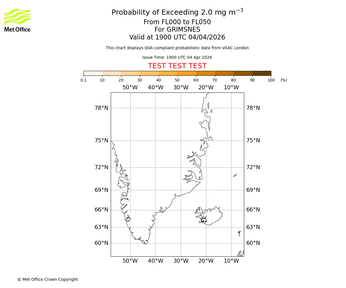 Probability of exceeding 2.0 milligrams per metre cubed. From 000 to 050 for GRIMSNES. Valid at 1900 UTC 04/04/2026