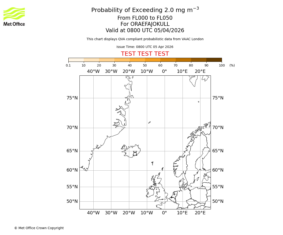 Probability of exceeding 2.0 milligrams per metre cubed. From 000 to 050 for ORAEFAJOKULL. Valid at 0800 UTC 05/04/2026