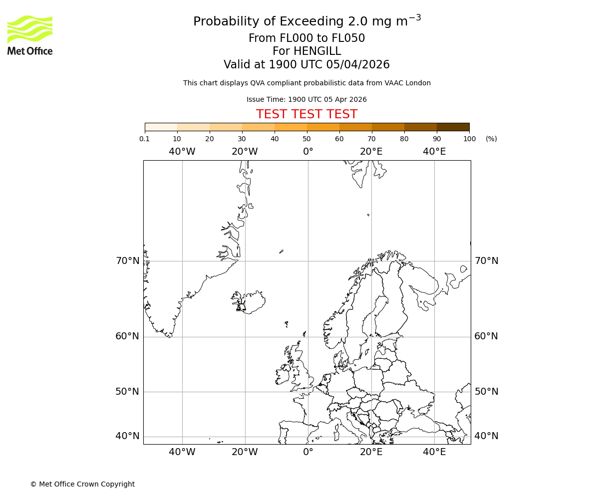 Probability of exceeding 2.0 milligrams per metre cubed. From 000 to 050 for HENGILL. Valid at 1900 UTC 05/04/2026