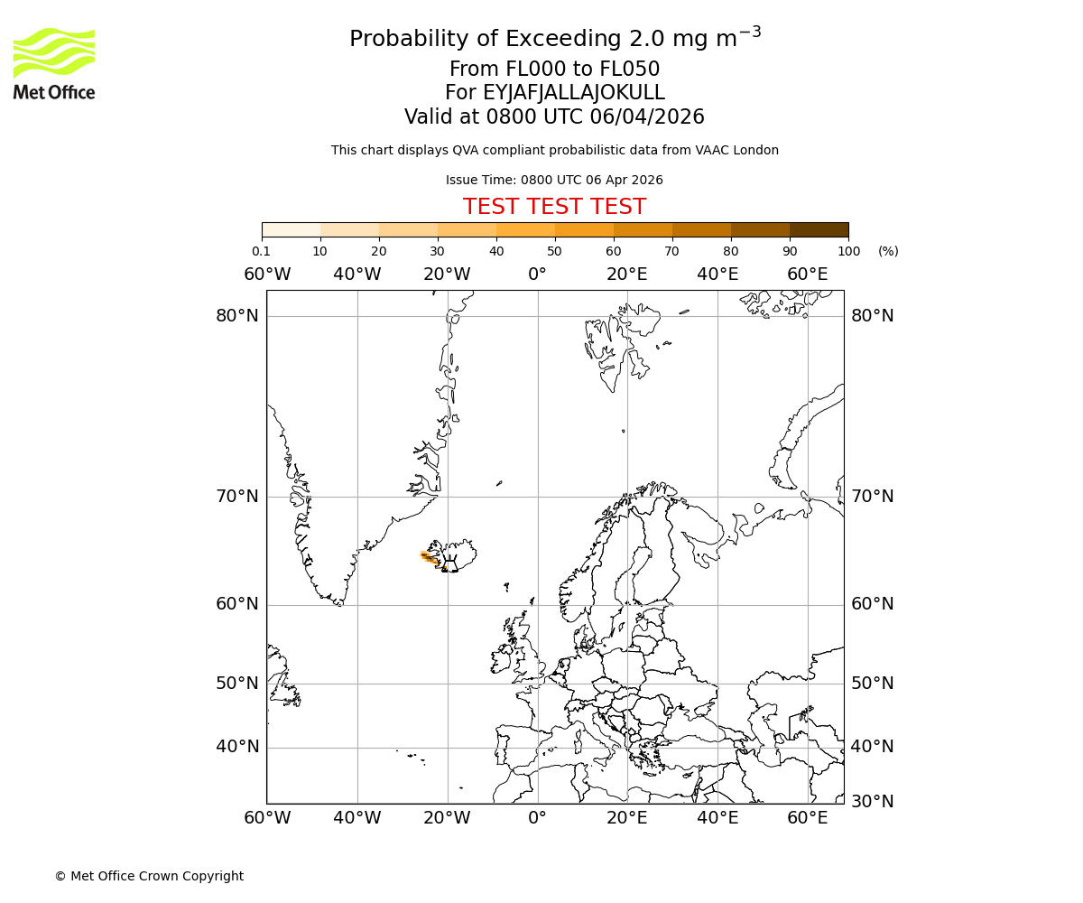 Probability of exceeding 2.0 milligrams per metre cubed. From 000 to 050 for EYJAFJALLAJOKULL. Valid at 0800 UTC 06/04/2026