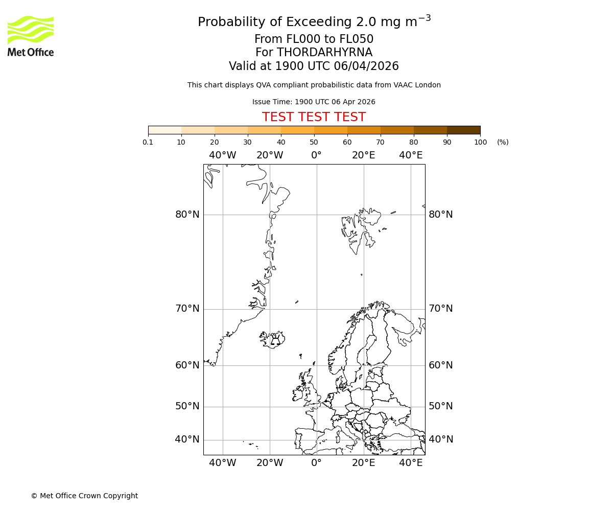 Probability of exceeding 2.0 milligrams per metre cubed. From 000 to 050 for THORDARHYRNA. Valid at 1900 UTC 06/04/2026