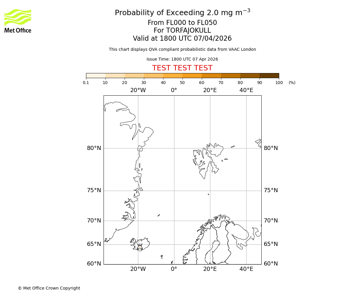 Probability of exceeding 2.0 milligrams per metre cubed. From 000 to 050 for TORFAJOKULL. Valid at 1800 UTC 07/04/2026