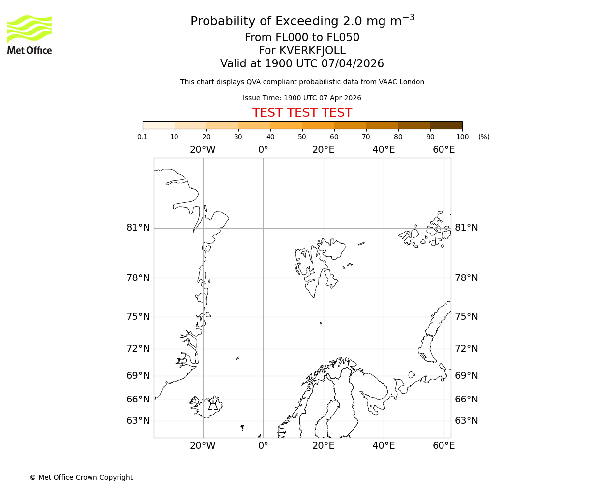 Probability of exceeding 2.0 milligrams per metre cubed. From 000 to 050 for KVERKFJOLL. Valid at 1900 UTC 07/04/2026