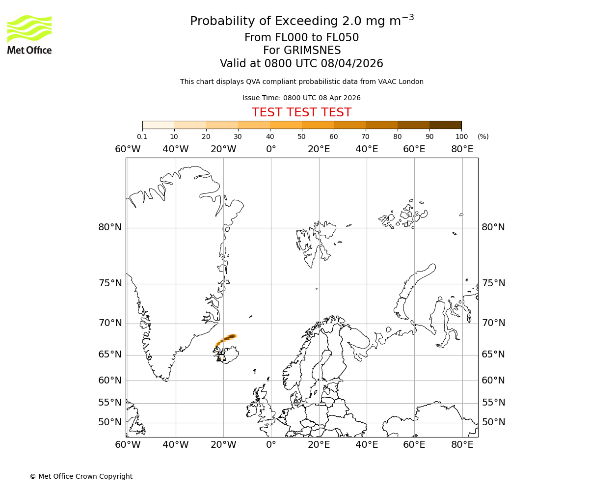 Probability of exceeding 2.0 milligrams per metre cubed. From 000 to 050 for GRIMSNES. Valid at 0800 UTC 08/04/2026