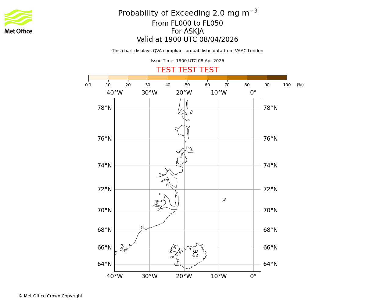 Probability of exceeding 2.0 milligrams per metre cubed. From 000 to 050 for ASKJA. Valid at 1900 UTC 08/04/2026