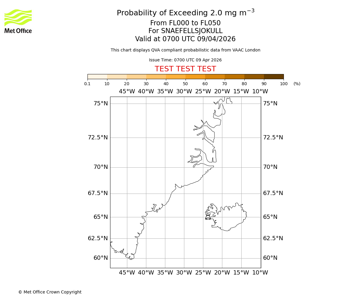 Probability of exceeding 2.0 milligrams per metre cubed. From 000 to 050 for SNAEFELLSJOKULL. Valid at 0700 UTC 09/04/2026